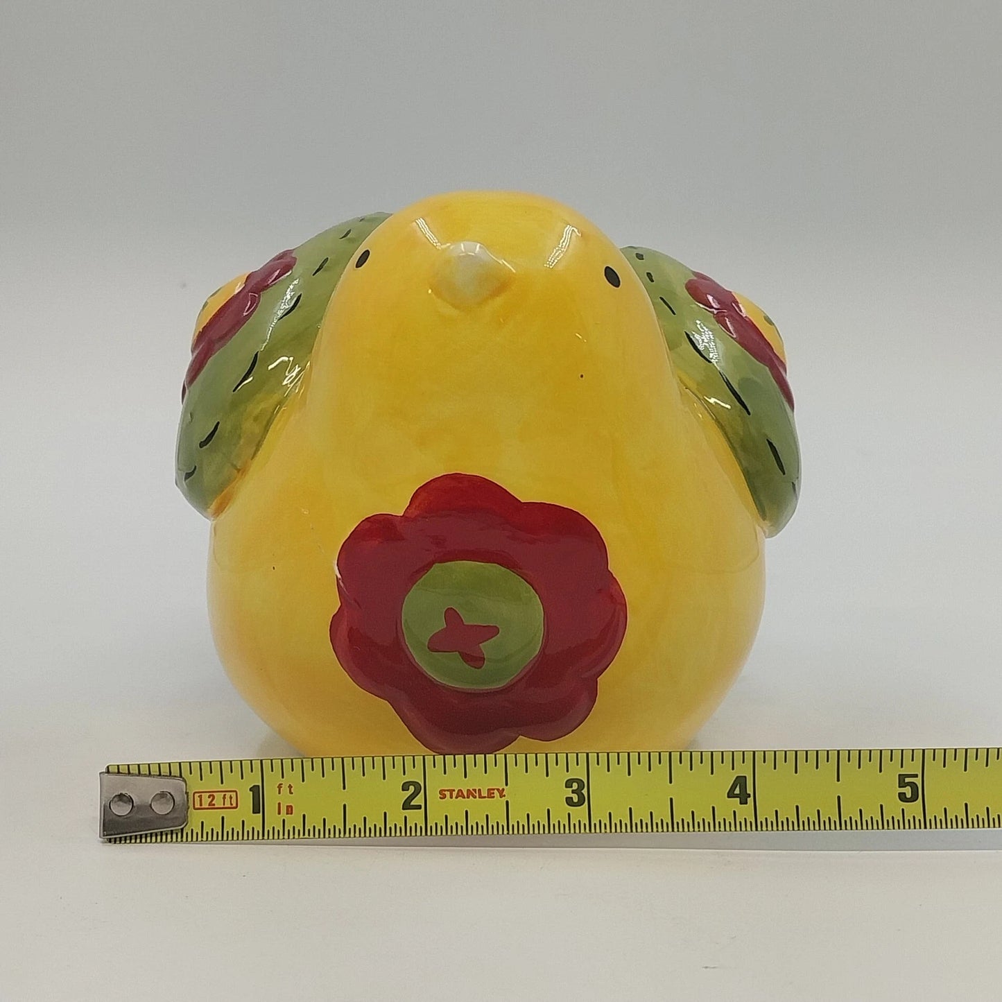 Whimsical Yellow Ceramic Bird Figurine Floral Folk Art Home Decor 7" Farmhouse