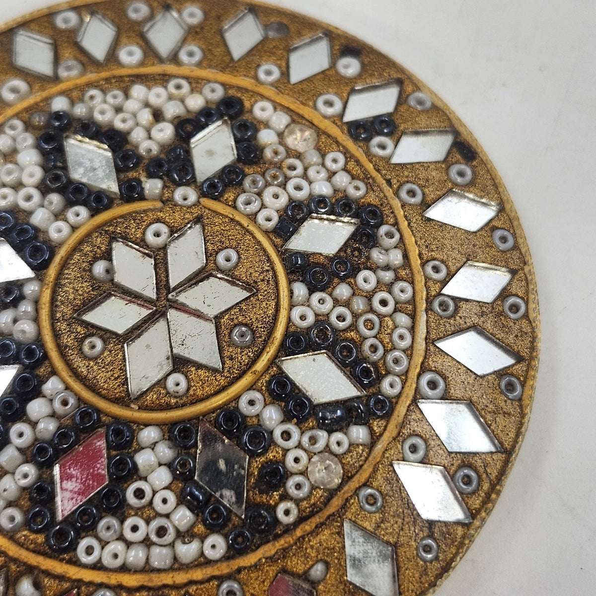 Gold Tone Round Pocket Mirror 2.75" Beaded Ornate Geometric Mosaic Star Design
