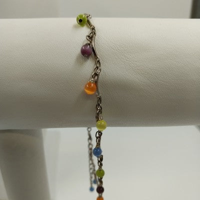 Gold Tone Chain Ankle Bracelet w/ Frosted Multicolor Beads