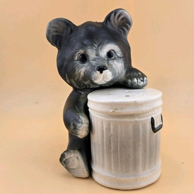 Bear Trash Can Salt Pepper Shakers Plastic Stopper Japan Chalk Ware Ceramic 4.5"