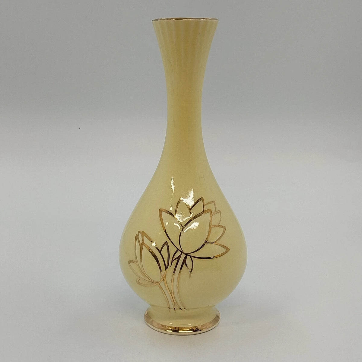Golden Ware Bud Vase 22K Gold Lotus Floral Yellow Ceramic 9" Vtg Fluted Crazed