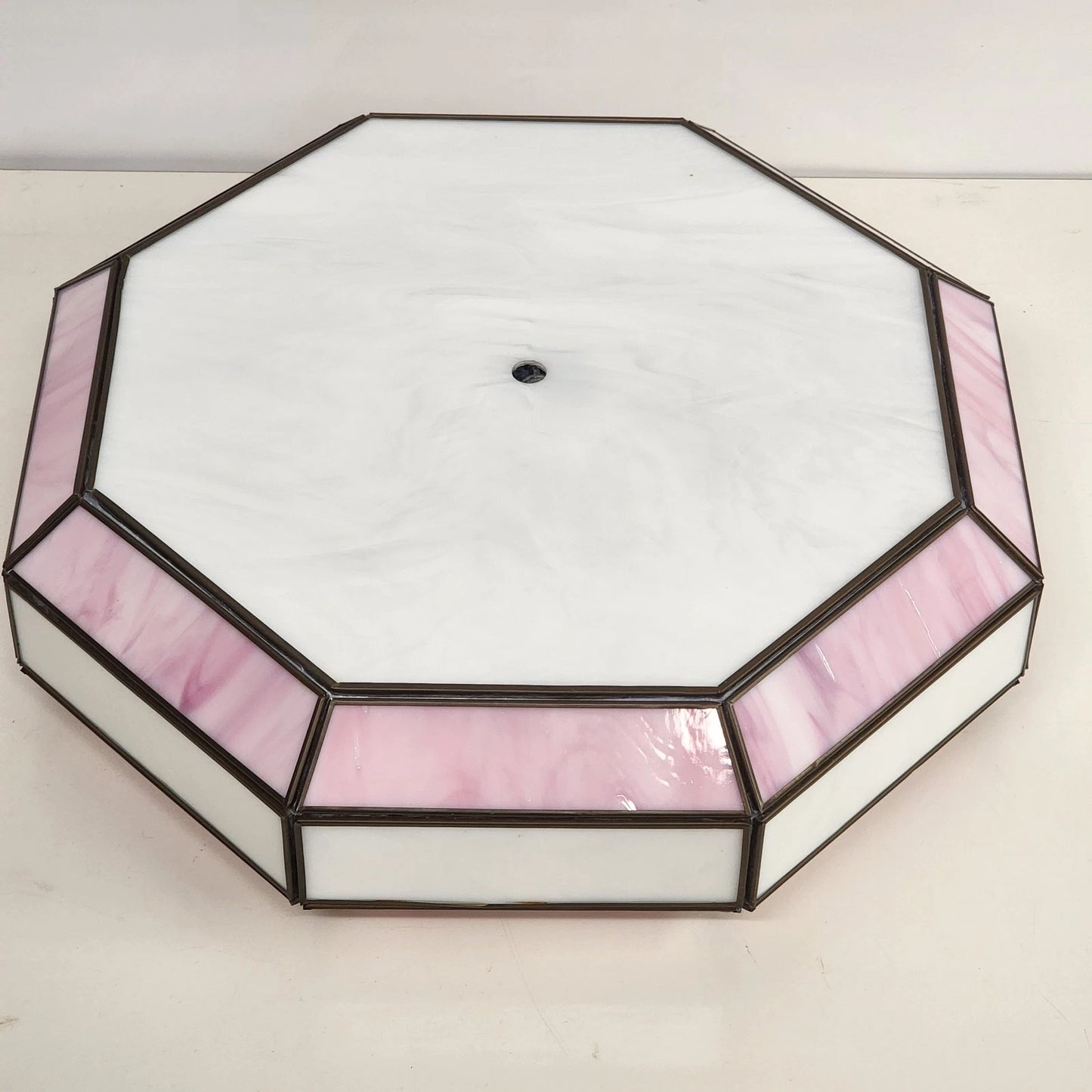 Octagon Leaded Stained Glass Ceiling Lamp Shade Pink White Slag Glass 13”x11"