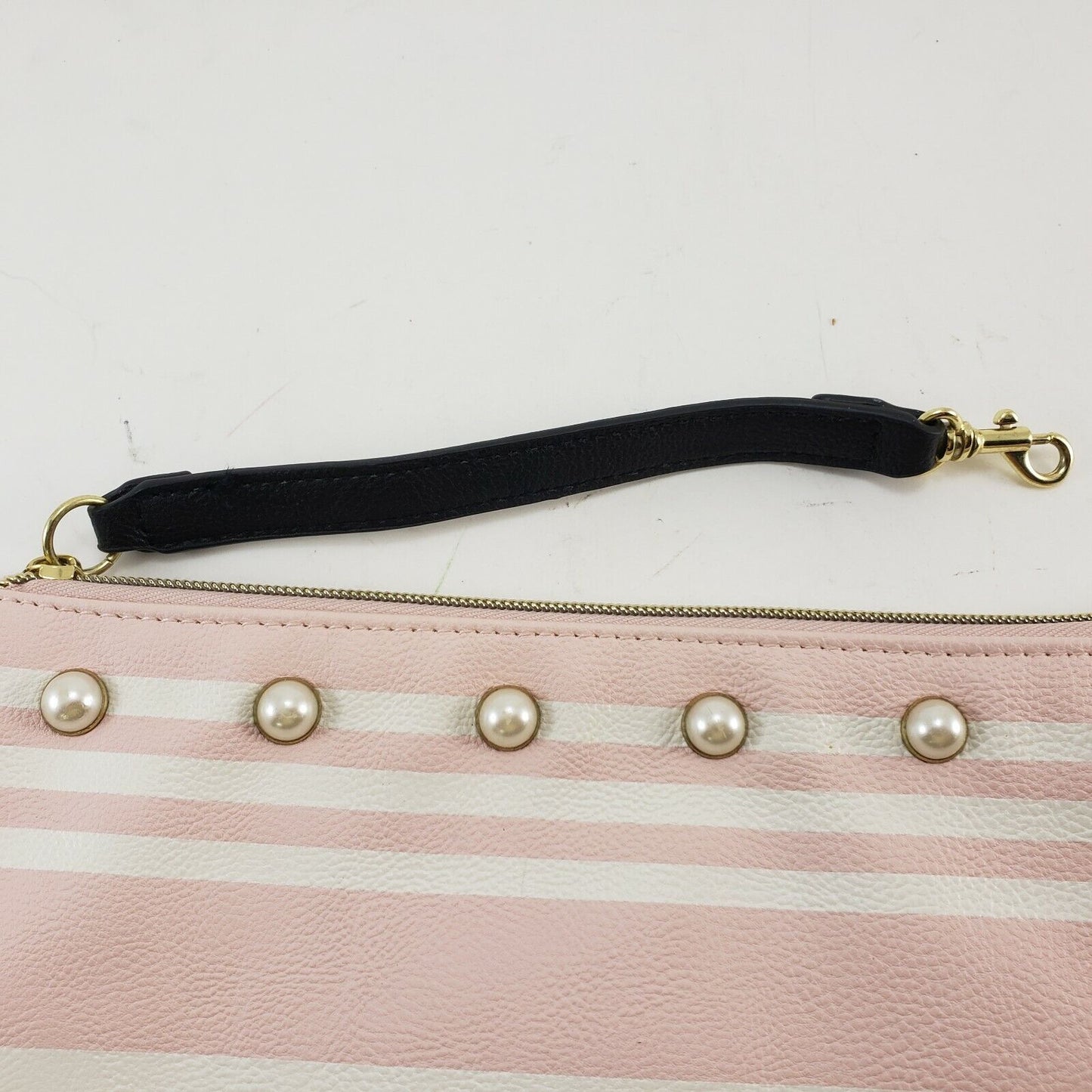 Betsey Johnson Pink White Pearl Clutch Cosmetic Makeup Wristlet Bag