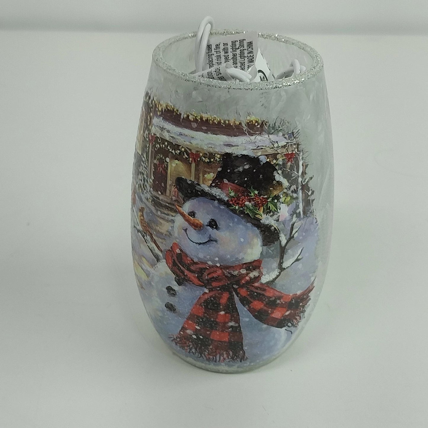 Frosted Glass Snowman Cardinal Winter Scene Vase Light Plug In Christmas 5.25"
