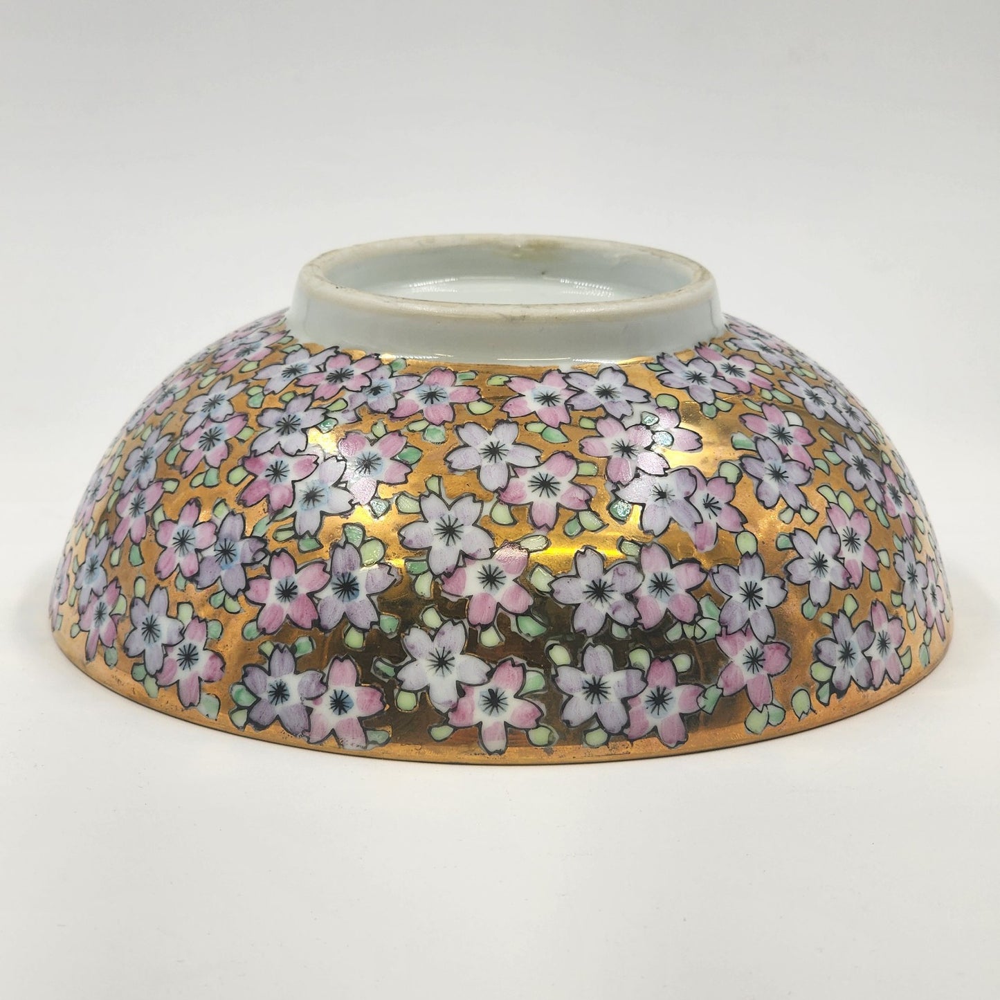 Japanese Imari Porcelain White Serving Bowl Pink Flowers on Gold Field Footed 7"