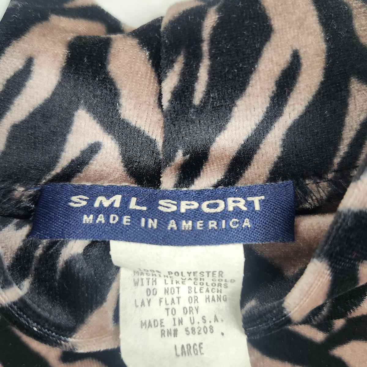 SML Sport Women's Large Zebra Print Velvet Mock Neck Top Black Tan Polyester USA