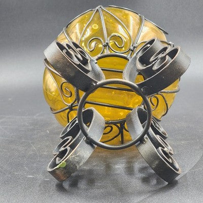 Vintage Amber Glass Caged Centerpiece – 13.5" Hand-Blown Vase or Candle Holder with Metal Footed Base – Rustic Farmhouse Décor