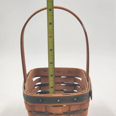 Longaberger Handwoven Basket Green Stripes Vintage 1993 Wood Handle 7"x5"