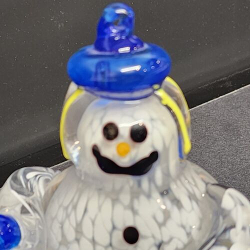 Murano Frosty Type Glass Snowman Bust Paperweight with Arms Blue Hat Mittens 4"h