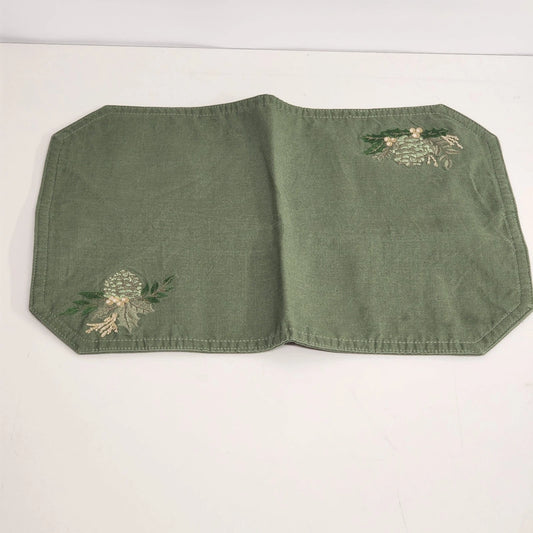 Set of 2 green needlepoint placemats with pinecone embroidery
