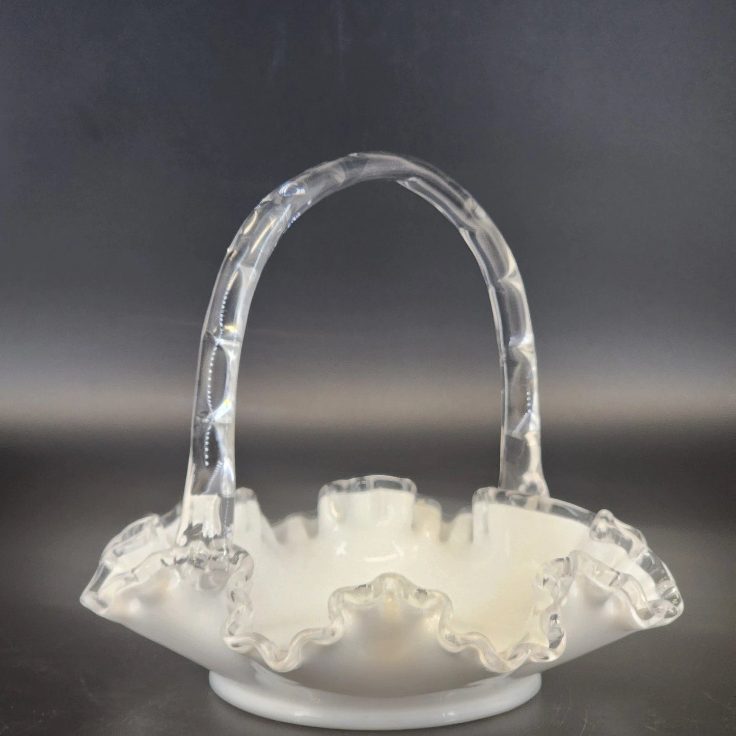 Fenton Silver Crest Milk Glass Basket Ruffled Edge Handle 8" Candy Dish
