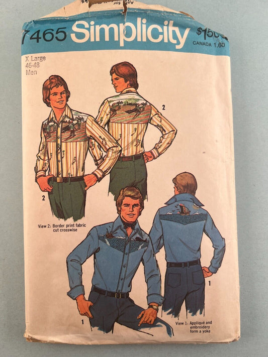 Simplicity 7465 Vintage Sewing Pattern 1976 Men's Western Shirts Size XL 46-48