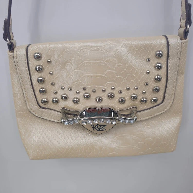 Kathy Van Zeeland Beige Croc Crossbody Bag Studded Rhinestone Heart Clasp Vtg