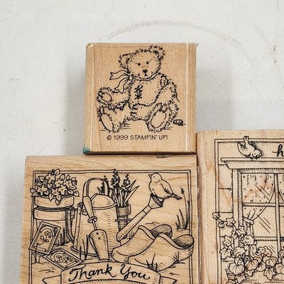 3 Wood Rubber Stamps Greeting Theme Bear Thank you Hello Stampin' Up! 1999