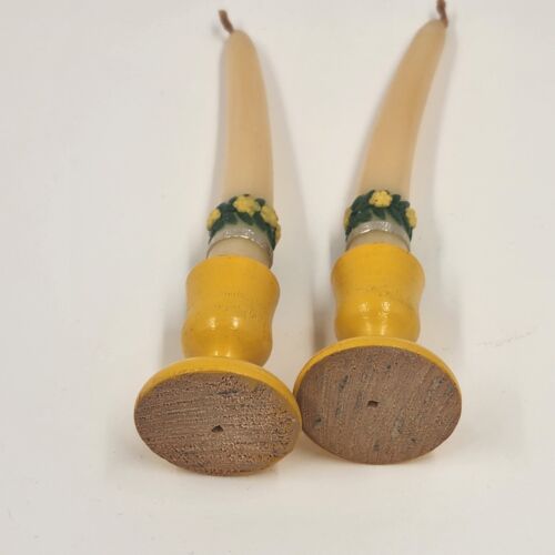 2 pc Erzgebirge Wood Miniature Candle Holders Tapers Yellow West Germany 5"