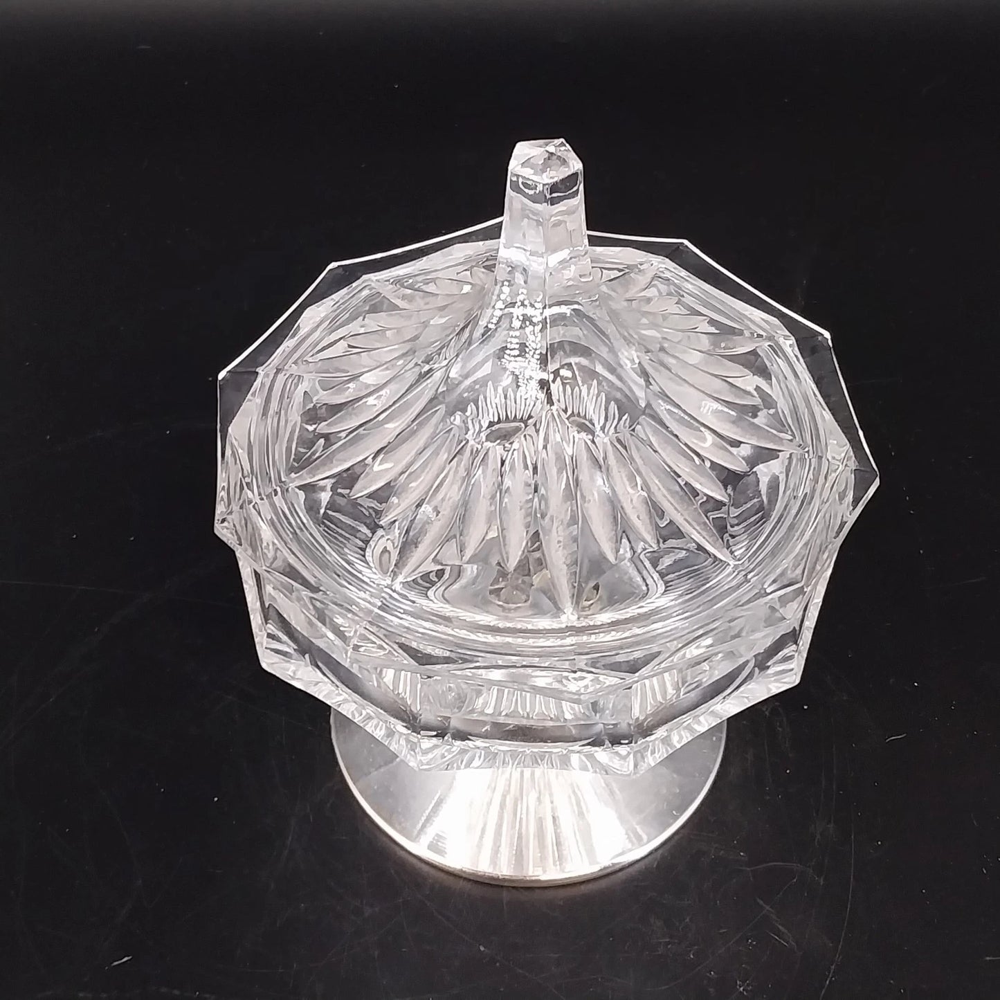Heavy Glass Thumbprint Candy Dish Compote w Lid Silver Metal Base 7" Vintage