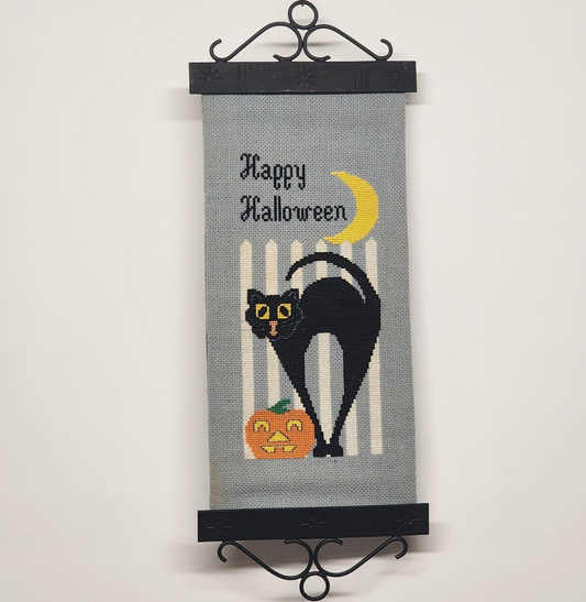 Happy Halloween Counted Cross Stitch Chart & Black Scroll Bell Pull Hanger 7x18"