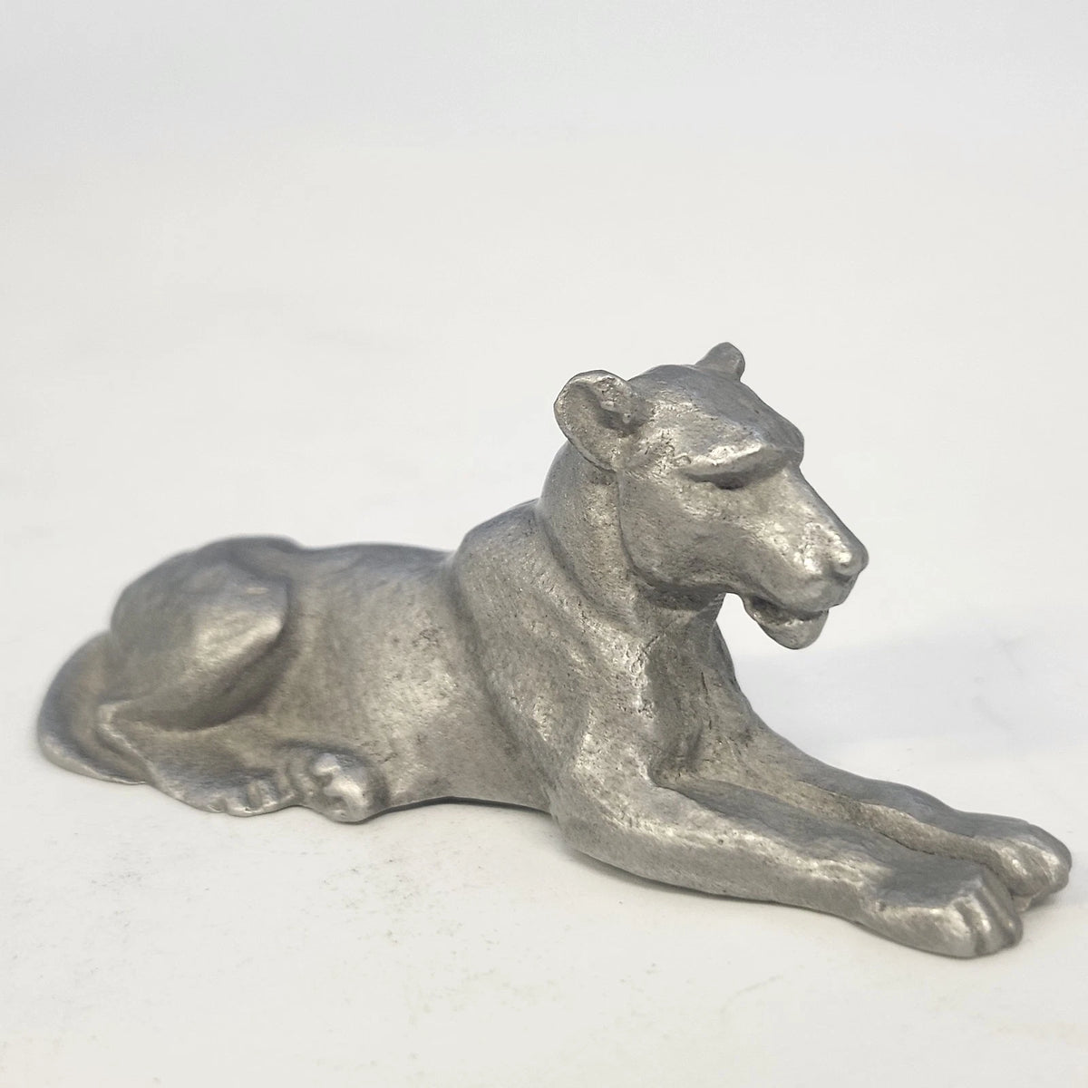 Vintage pewter reclining mountain lion cougar figurine with matte silver finish