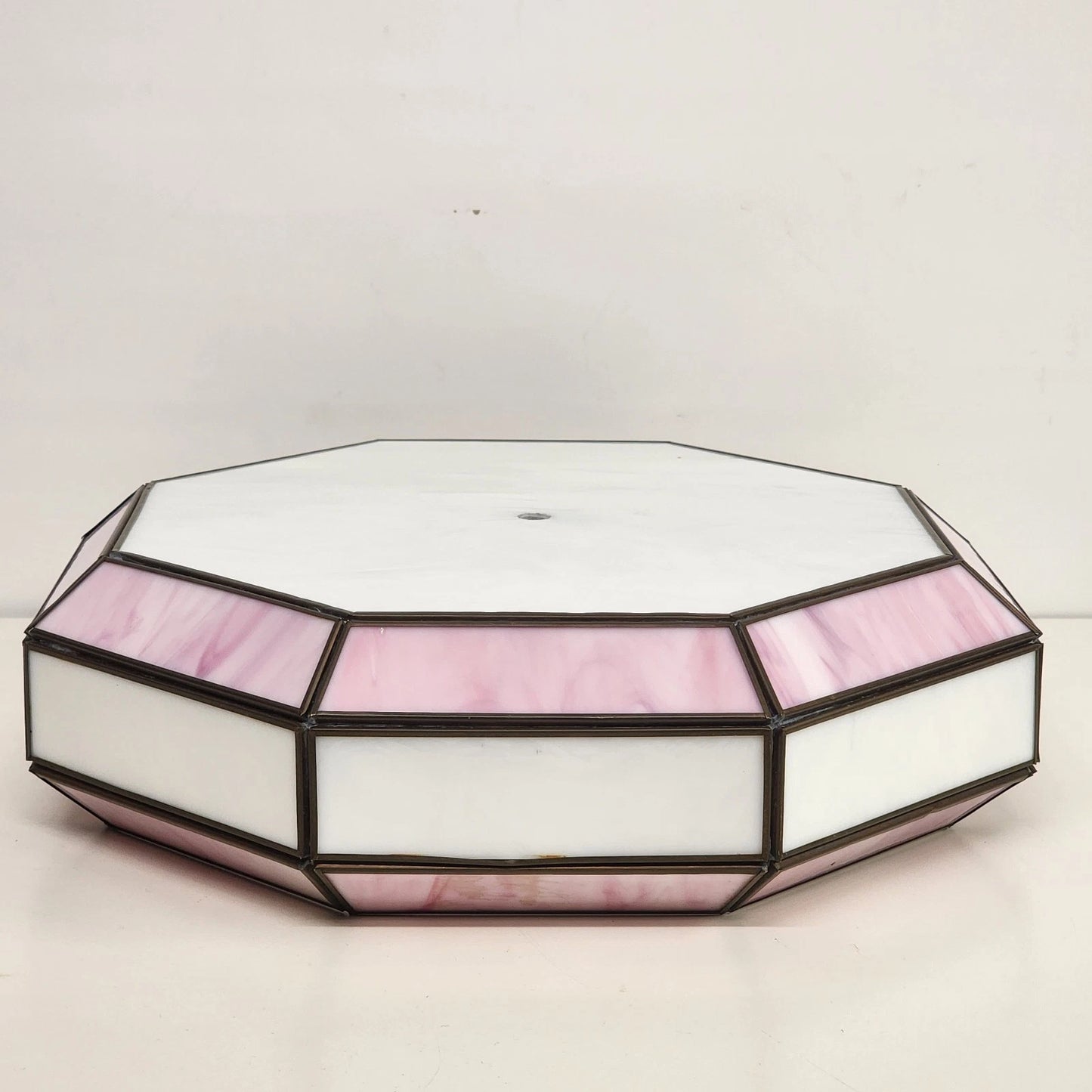 Octagon Leaded Stained Glass Ceiling Lamp Shade Pink White Slag Glass 13”x11"
