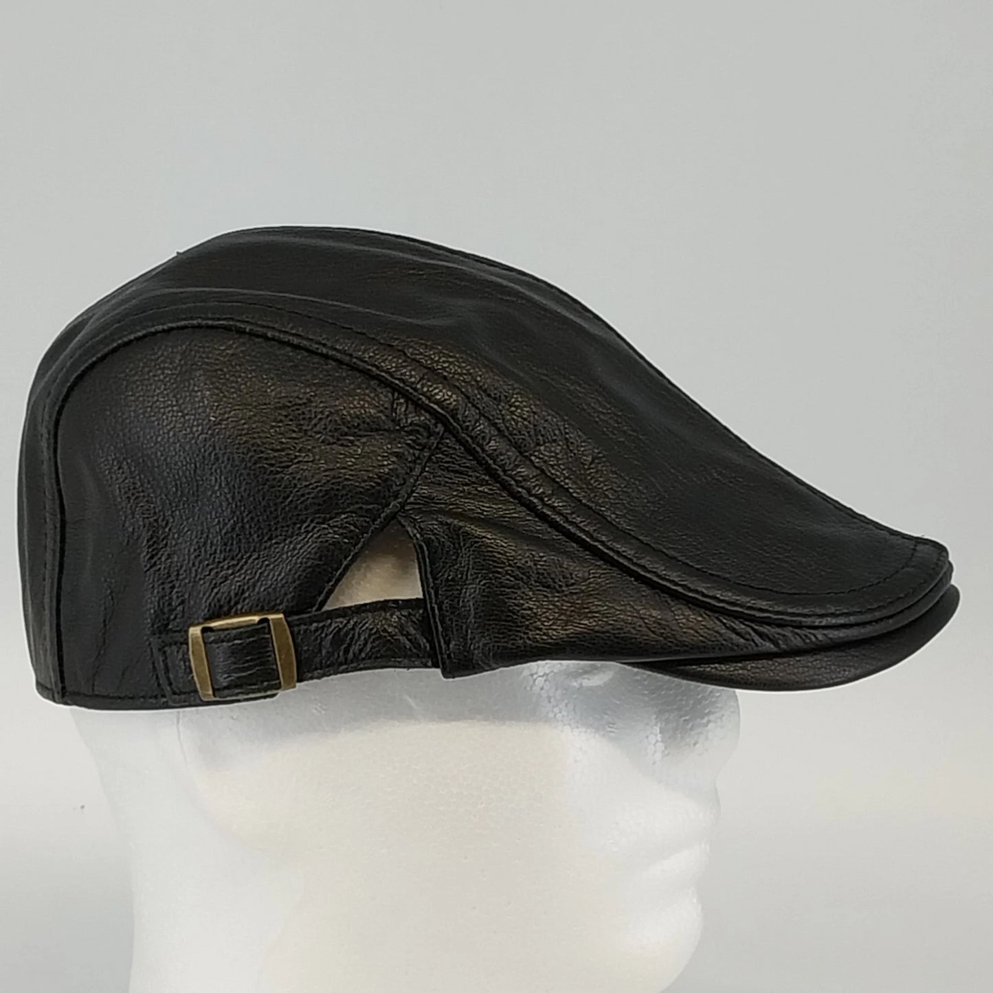 Men's Sheepskin Leather Newsboy Cap Black Ivy Flat Hat XL Adjustable Side Buckle