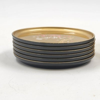 Otagiri Japan 6 Round Cherry Blossom Gold Black Lacquered Coasters 4”