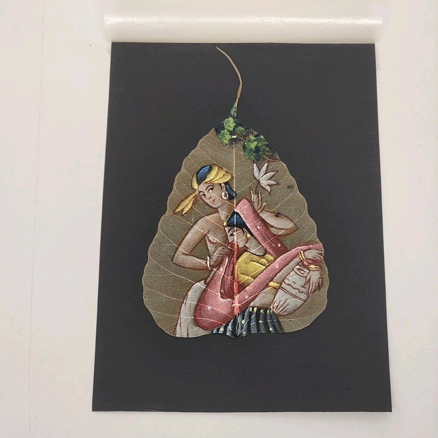 Hand Painted Peepal Leaf Art Indian Miniature Painting Hindu Couple 5" Unframed