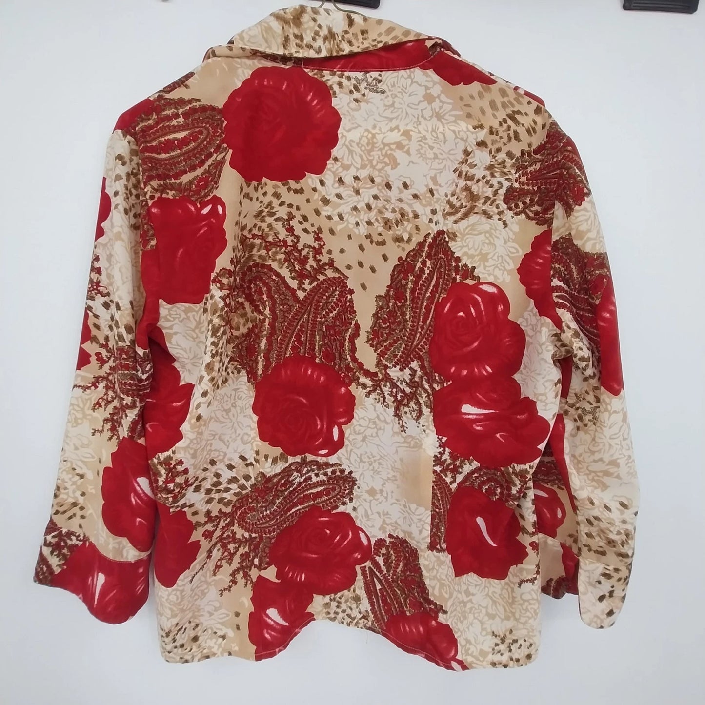 Jaipur Floral Blouse Women Medium Red Beige 3/4 Sleeve Button Front Top