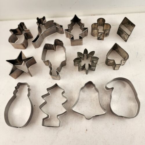 13 Metal Cookie Cutters Vintage Christmas Cards Stars Bell Flower Various Shapes