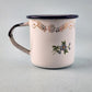 TrEs Enamel Tin Cup Small Mug Vintage Monterrey Mexico Flowers White w Blue Trim