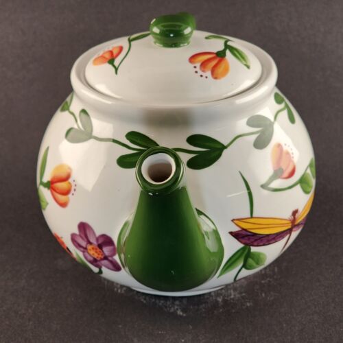 Pacific Rim Ceramic Teapot Hand Painted Butterflies Bugs Flowers White and Green