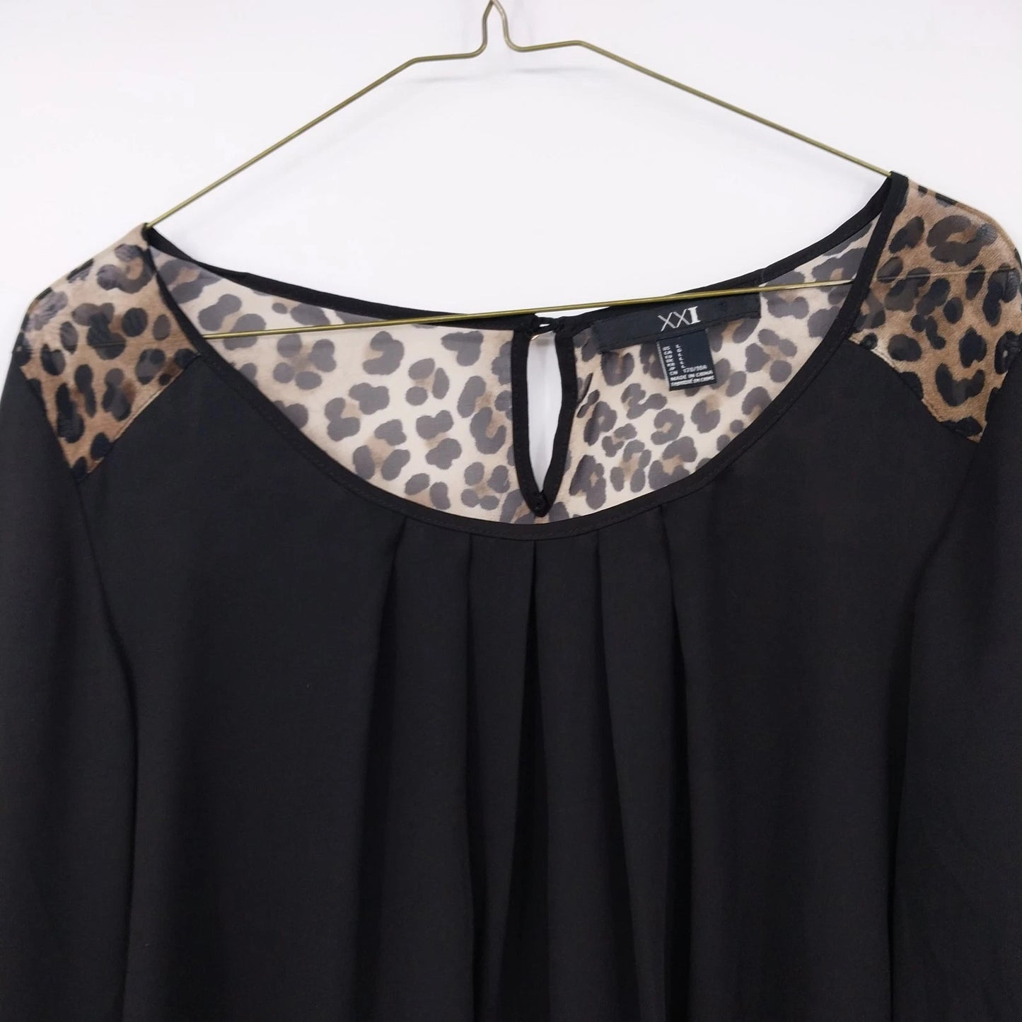 XXI Womens Black Sheer Blouse Leopard Print Long Sleeve Top