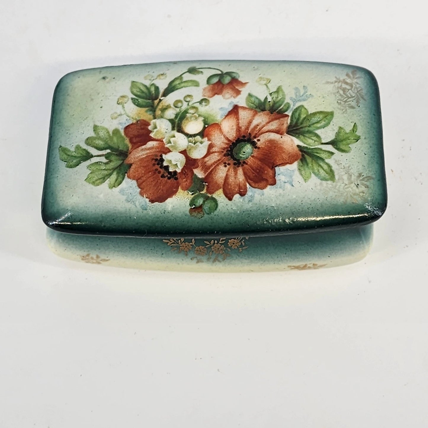 Antique Austrian Porcelain Dresser Vanity Set 5pc Green Lustre Orange Floral Vtg