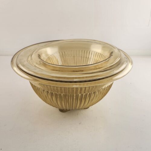 Federal Glass Golden Glow 3 Piece Mixing Nesting Bowls Ribbed Rolled Edge Yellow