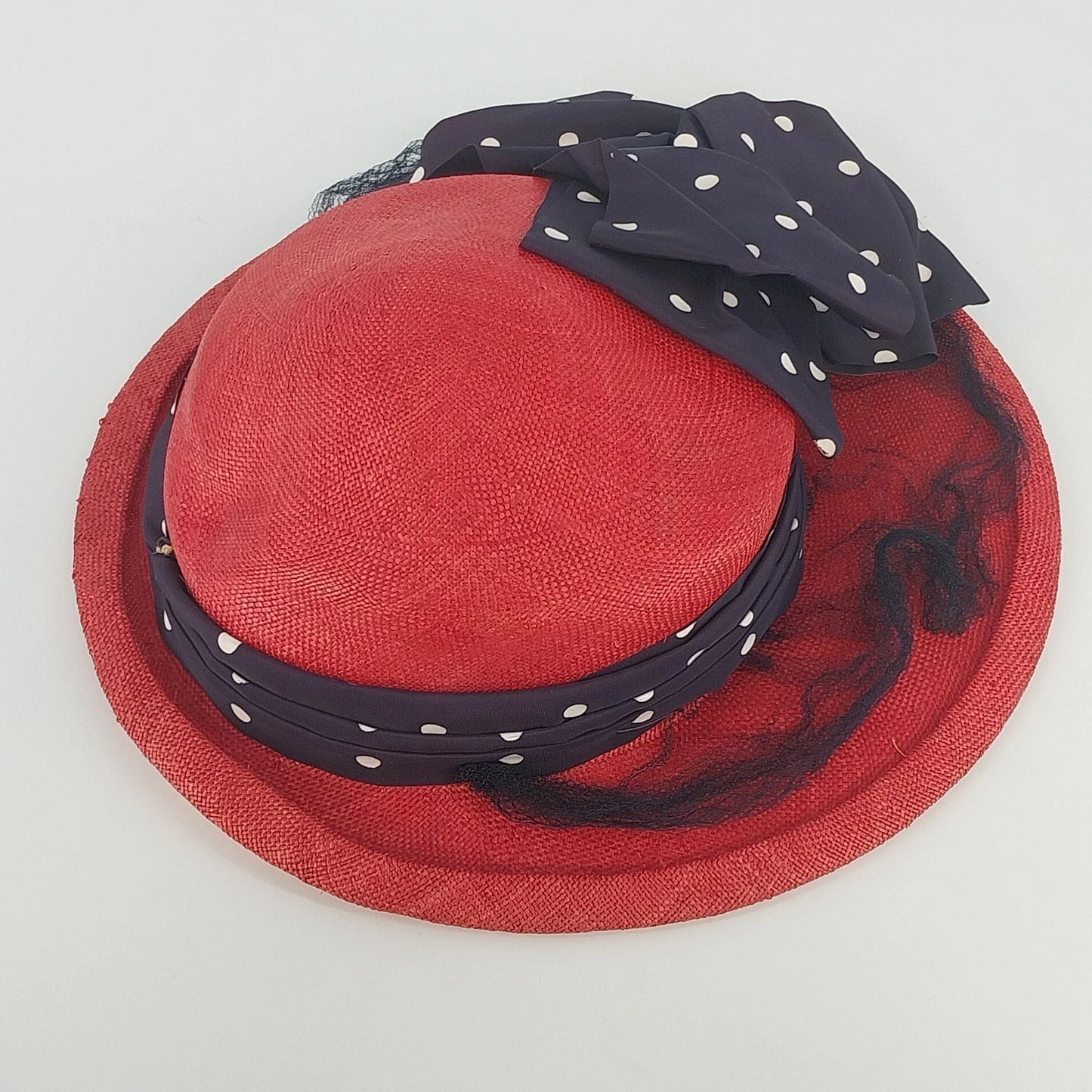 Women's Red Derby Dress Hat Wide Brim Polka Dot Bow Mesh Trim Vintage 11"