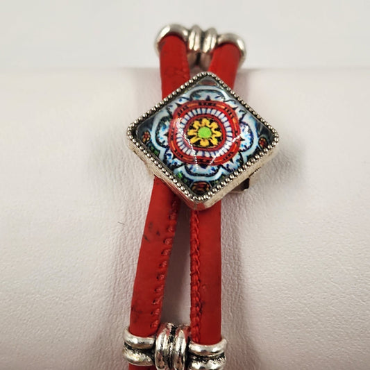 Red Cord Bracelet w/ Silver Tone Mosaic Slide Charm Boho Jewelry Magnetic Clasp