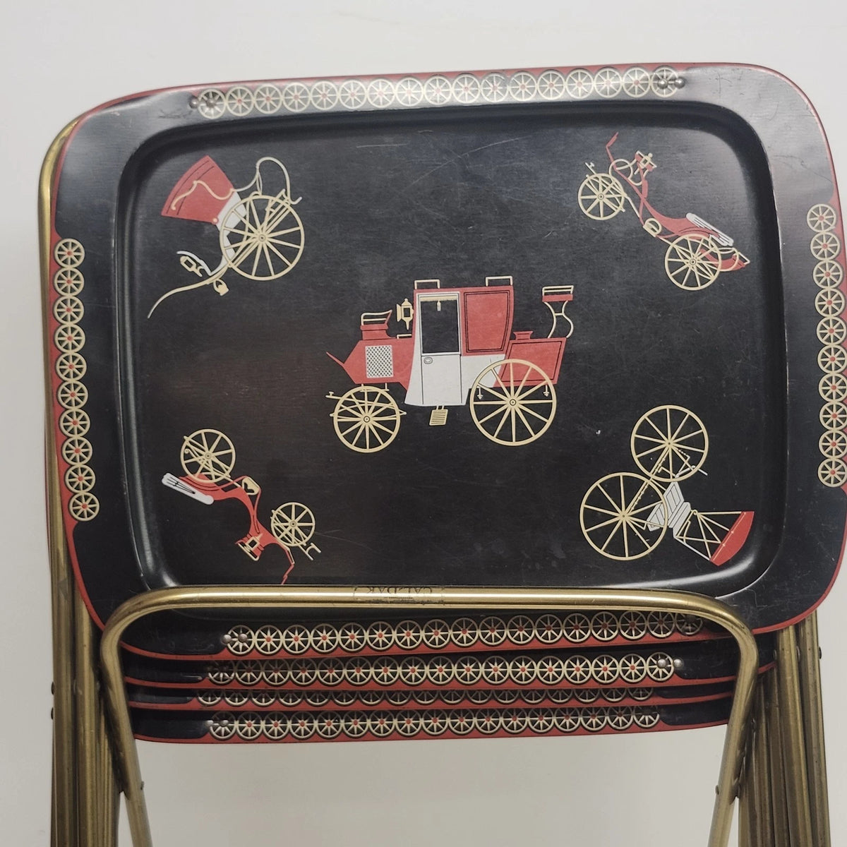 4 Cal-Dak TV Trays Carriage & Stagecoach Black Folding with Stand Vintage