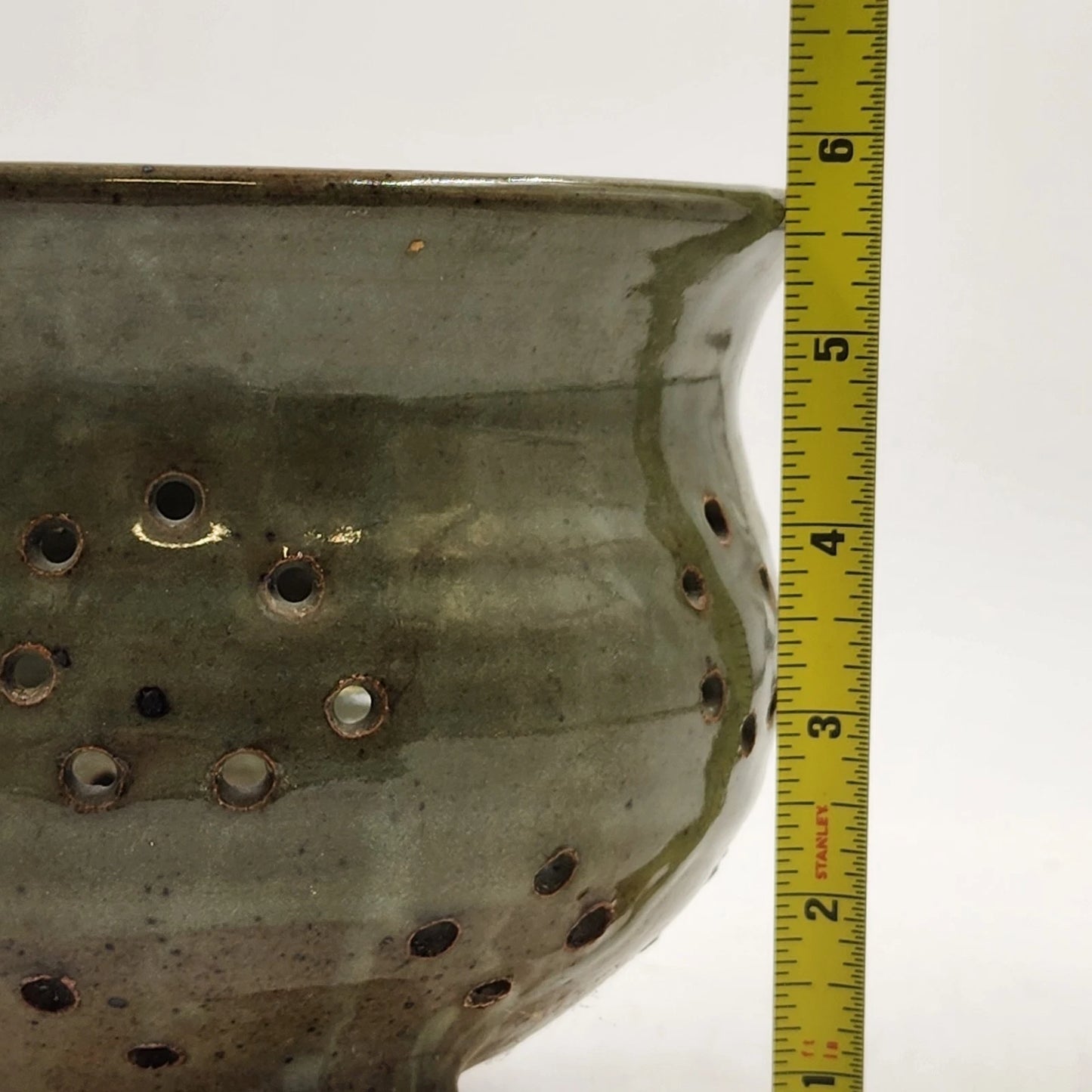 Handmade Pottery Berry Colander Strainer Green Studio Artisan Signed 7"