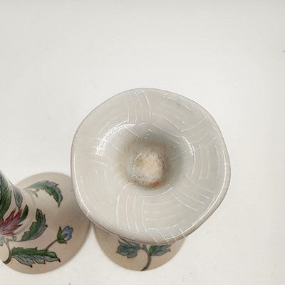 Ceramic Candlestick Holders 4"x 8" Hand Painted Pink Blue Floral Chinese Style