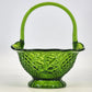 Vintage Fenton Green Glass Basket Diamond Fruit Ruffled Edge Bowl