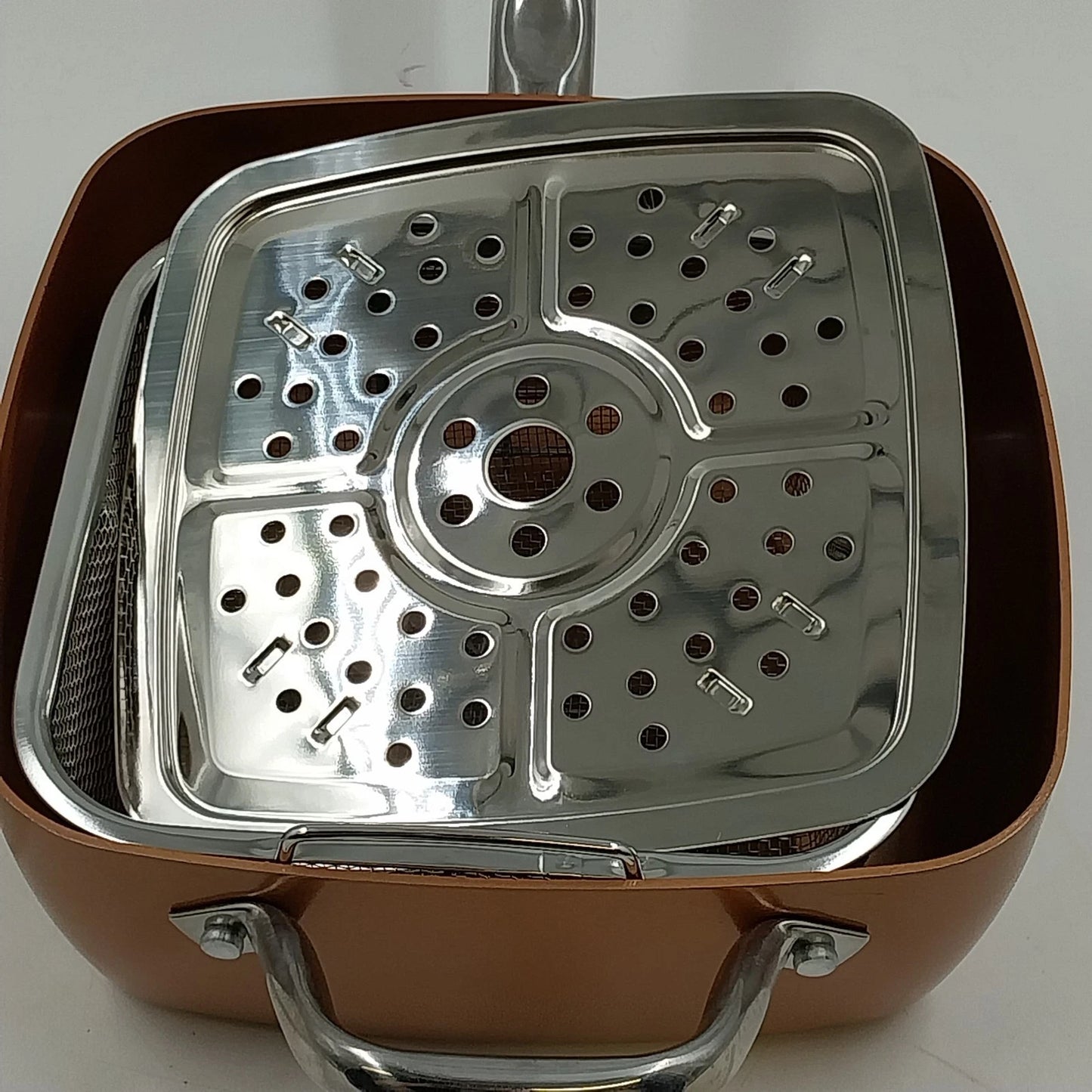 Copper Chef Deep Square Pan 9.5" Vent Lid 2 Handles and Frying Basket NOS