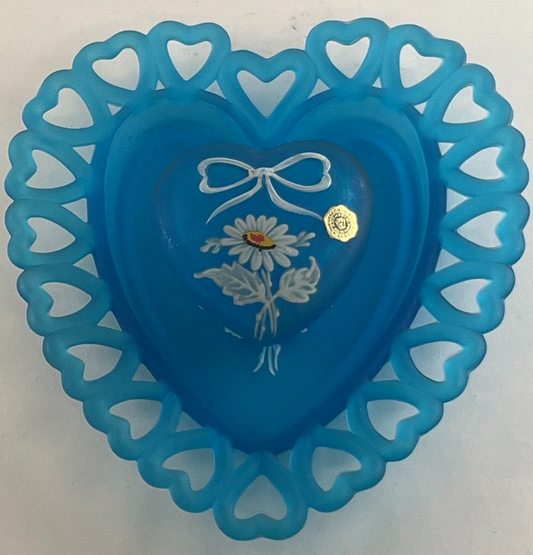 Westmorland Glass Blue Satin Lace Heart Plate Trinket Box Set Hand Painted 1960s