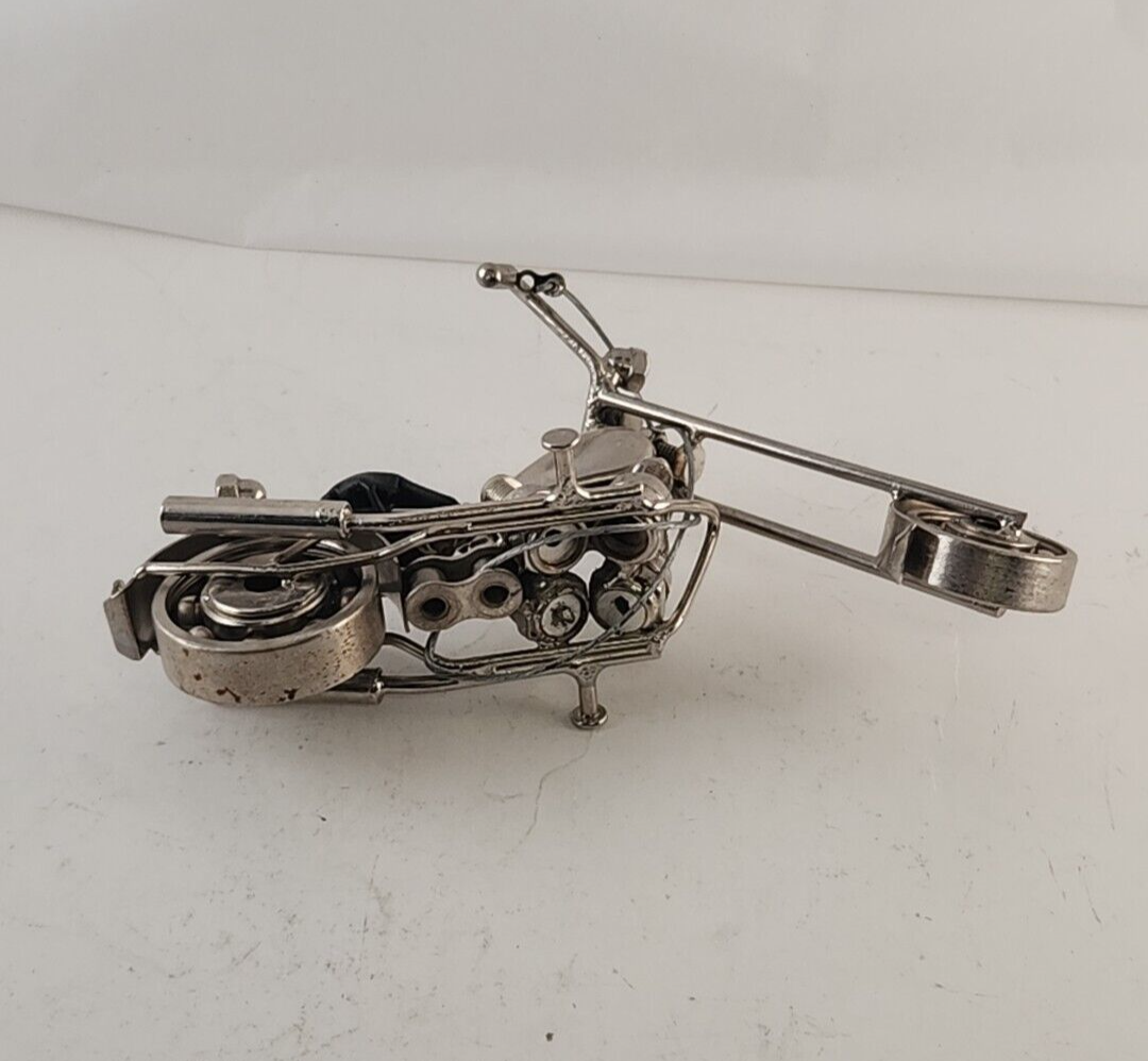 Homemade Chopper Motorcycle Scrap Art Uses Nuts Bolts Bearings Spark Plugs More