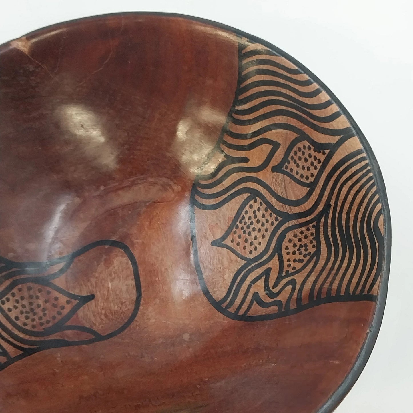 Zimbabwe Hand Carved Olive Wood Bowl 7" African Batik Animal Print Varnished Vtg