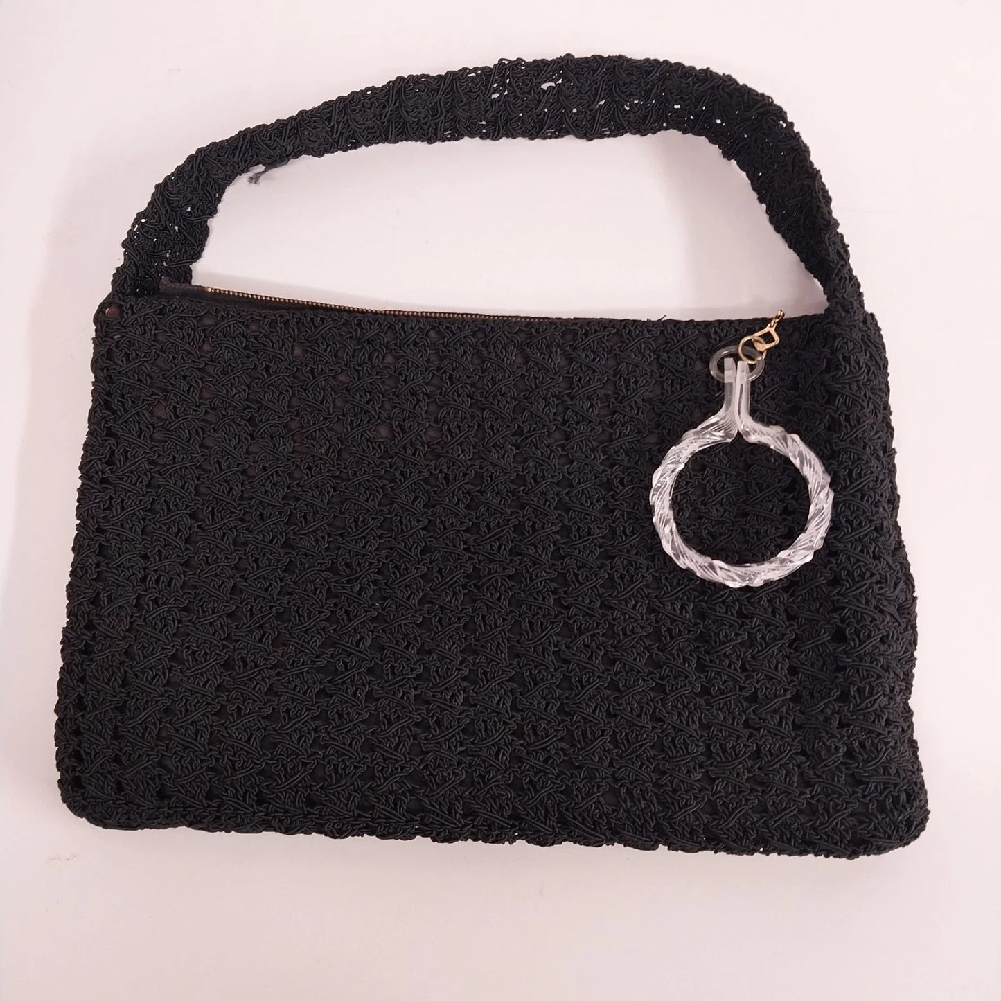 Black Crochet Handbag Purse 12" with Lucite Zipper Pull & Nylon Lining Vintage