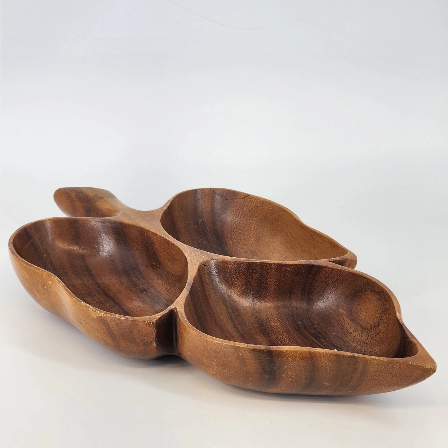 Hand Carved Natural Wooden Leaf Serving Tray 3-Section Divided Dish 16" Large