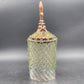 Clear Glass Swirl Decorative Jar w Carved Wood Fleur De Lis Lid & Beaded Chain