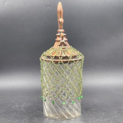 Clear Glass Swirl Decorative Jar w Carved Wood Fleur De Lis Lid & Beaded Chain