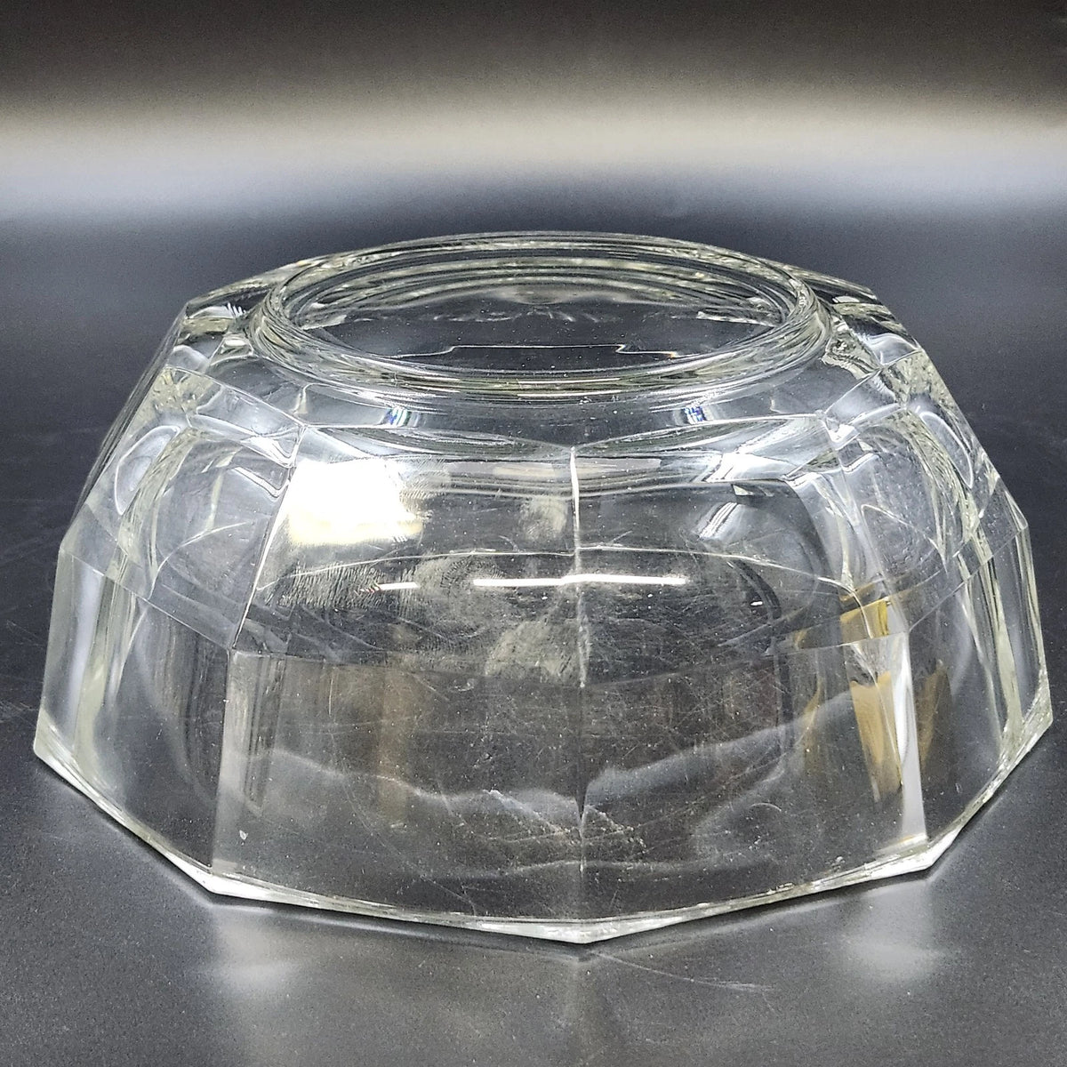 Clear Glass 10 Sided Serving Bowl 8.5" Heavy Paneled Thick Faceted Sides Vtg