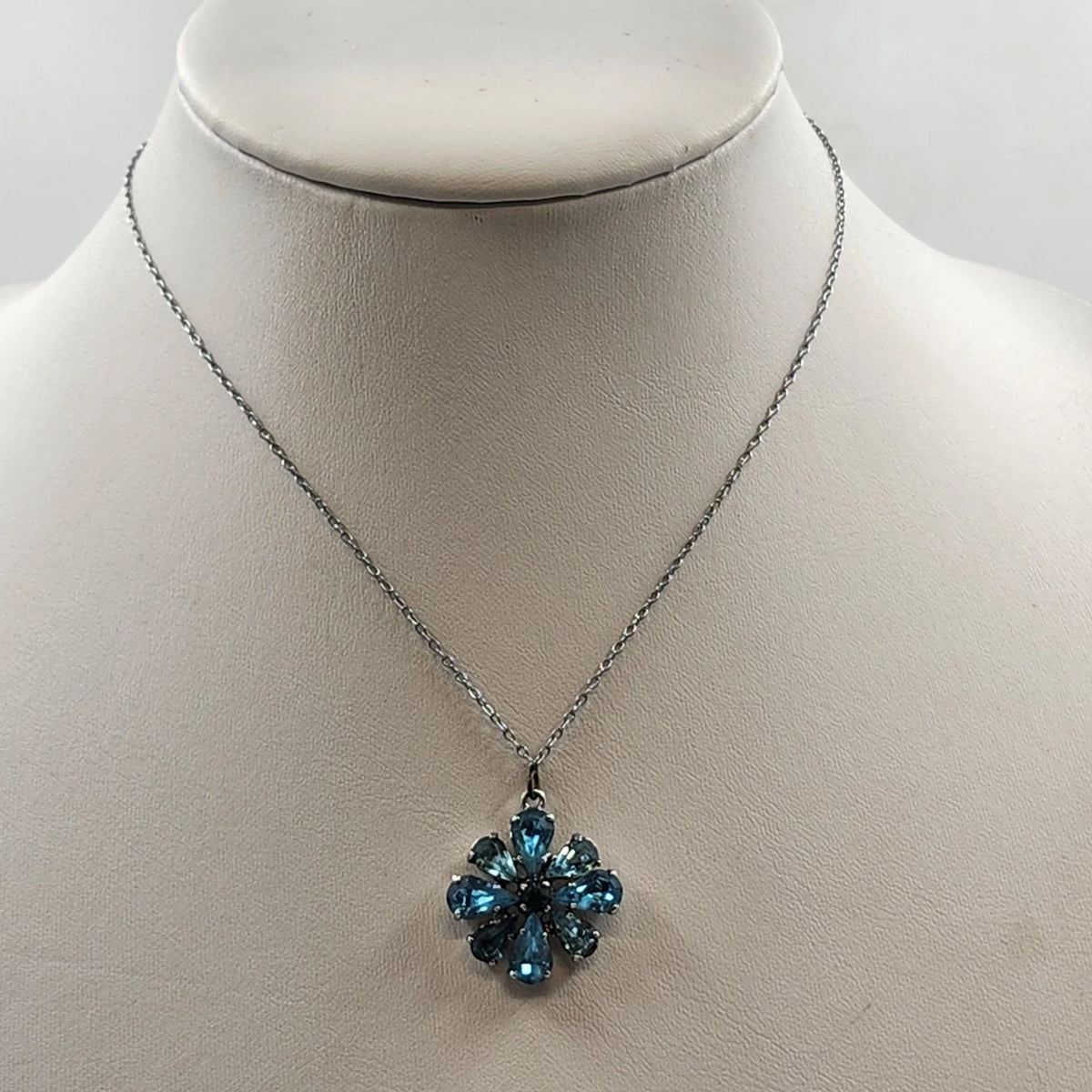 Blue Teal Rhinestone Flower Pendant Necklace Silver Tone Teardrop Stones 15"