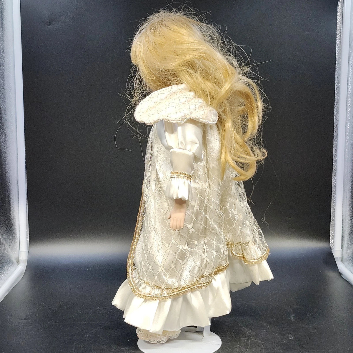 Treasures in Lace Porcelain Angel Doll Blonde White Gold Dress 17" Vintage